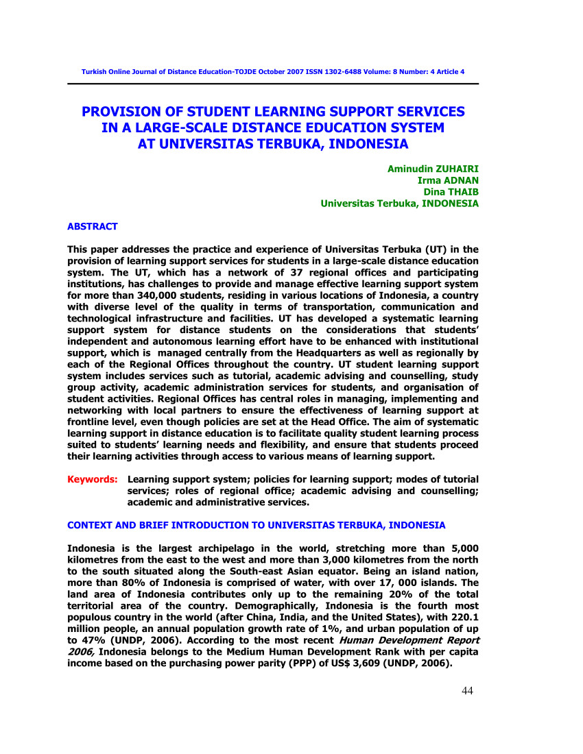 pdf provision of student learning support services in a large scale distance education system at universitas terbuka indonesia