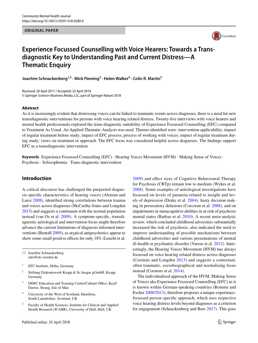 the need for experience focused counselling efc with voice hearers in training and practice a review of the literature request pdf