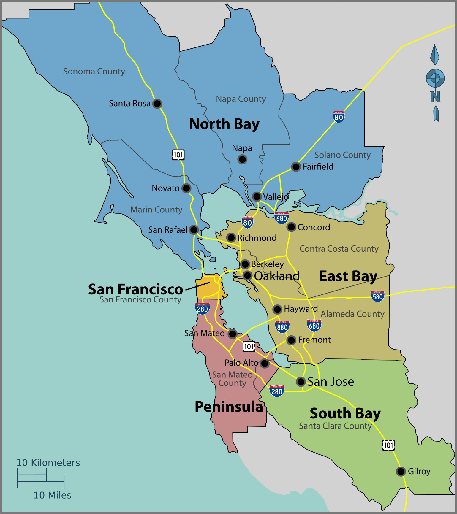 a map demarcating the boundaries of the nine county bay area and the five subregions