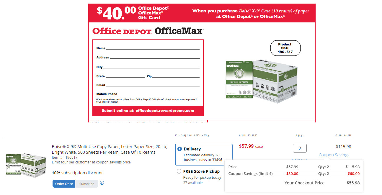they are also offering a 40 office depot gift card via rebate per pack this can be done twice for a total of 80 in office depot gift cards
