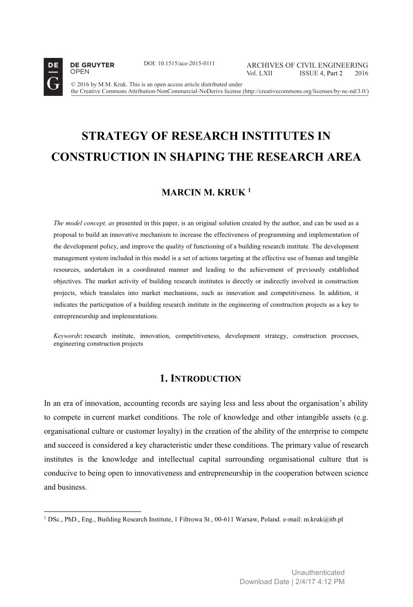 pdf strategy of research institutes in construction in shaping the research area