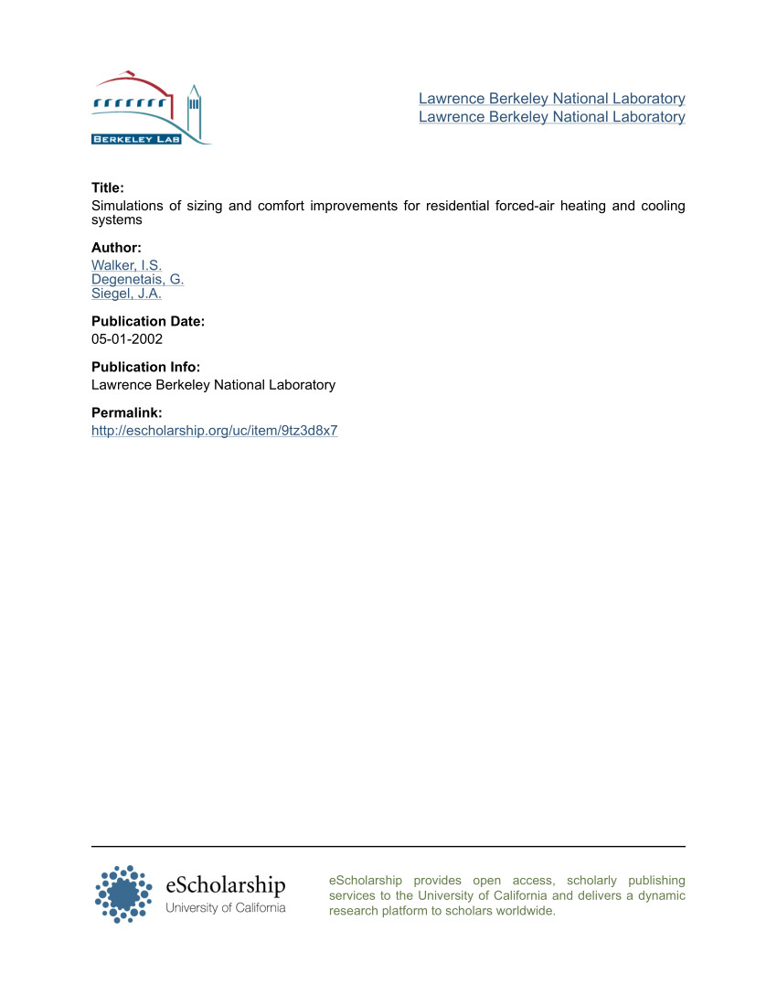 pdf simulations of sizing and comfort improvements for residential forced air heating and cooling systems