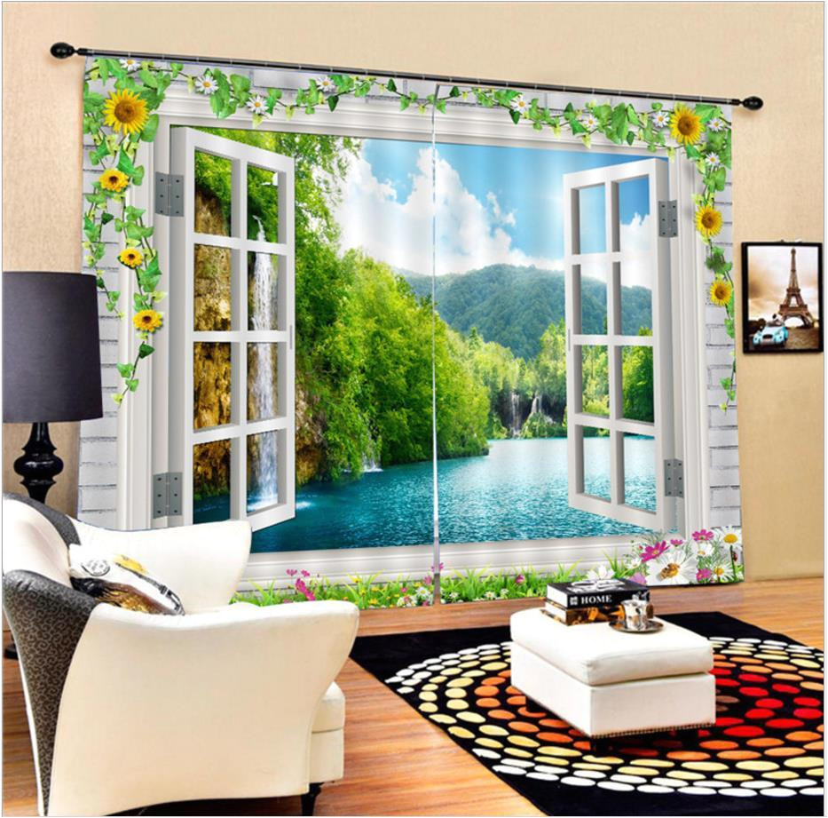 compre 3d blackout cortinas janela cenario verde a gua floresta rio elegante sombra de seda preto cortinas de pano para sala de estar decoraa a o de elecc