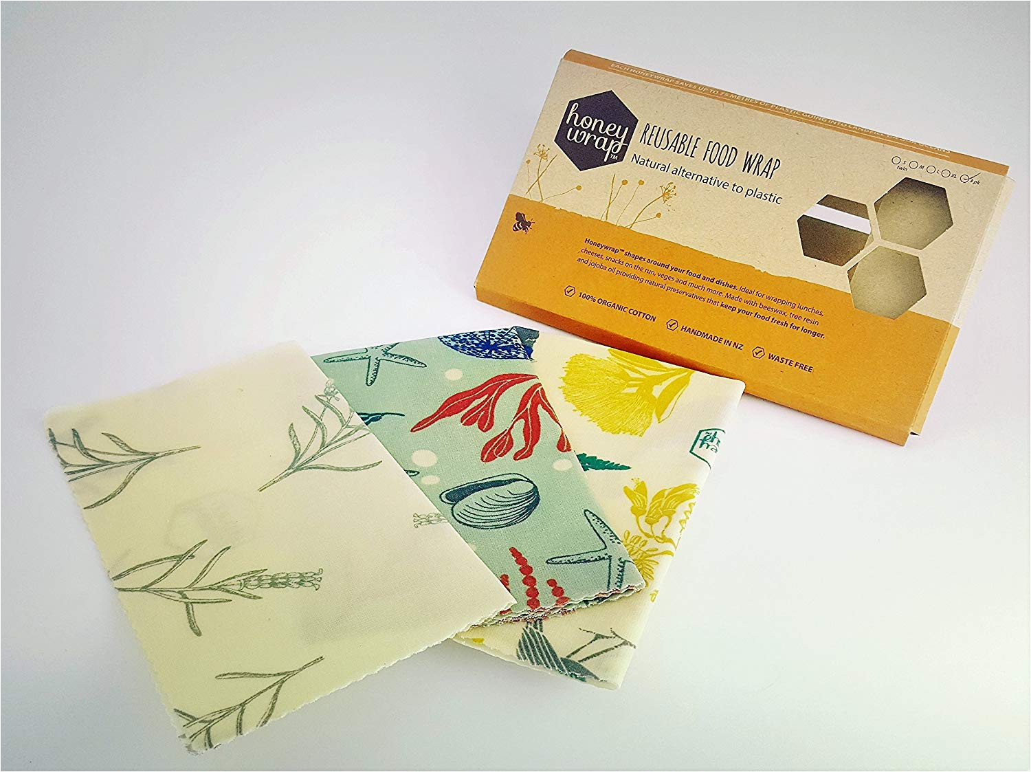 amazon com honeywrap beeswax food wrap assorted 3 pack reusable sustainable eco friendly made with 100 organic cotton and all natural