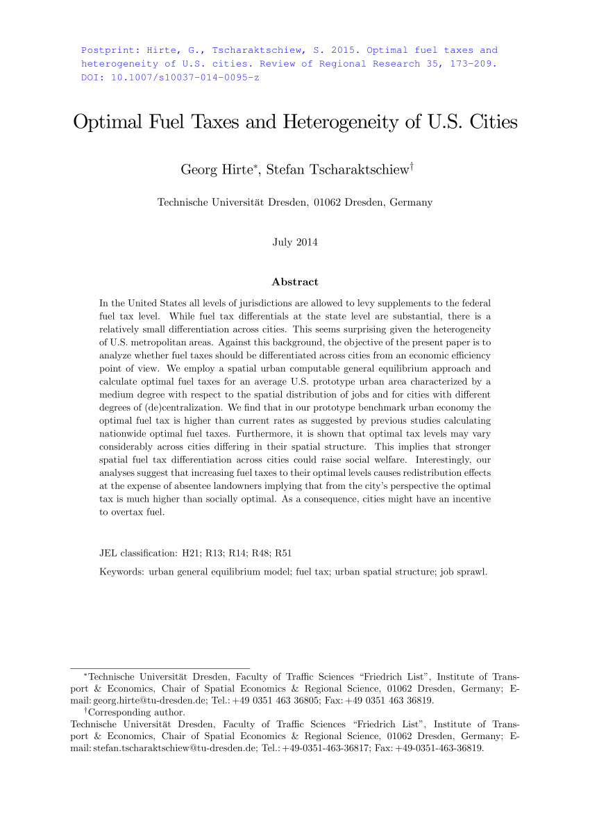 Destin Fl Sales Tax Rate Pdf Optimal Fuel Tax and Heterogeneity Of Cities