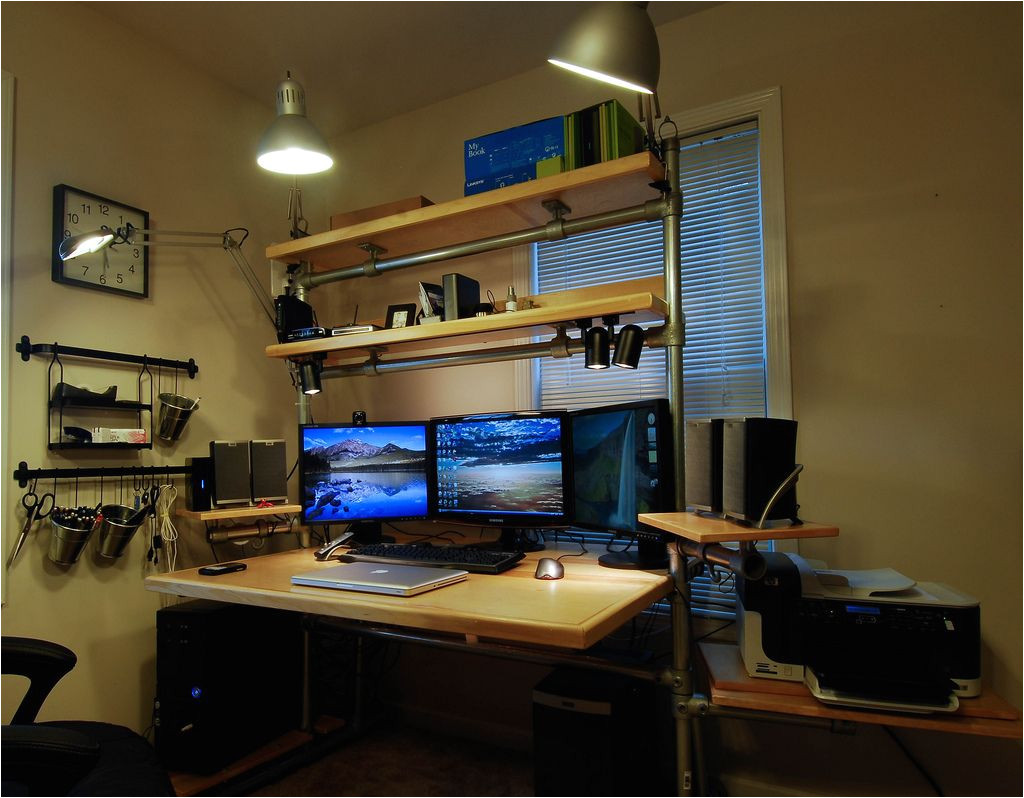 hand built desk with three monitor computer setup samsung for gaming