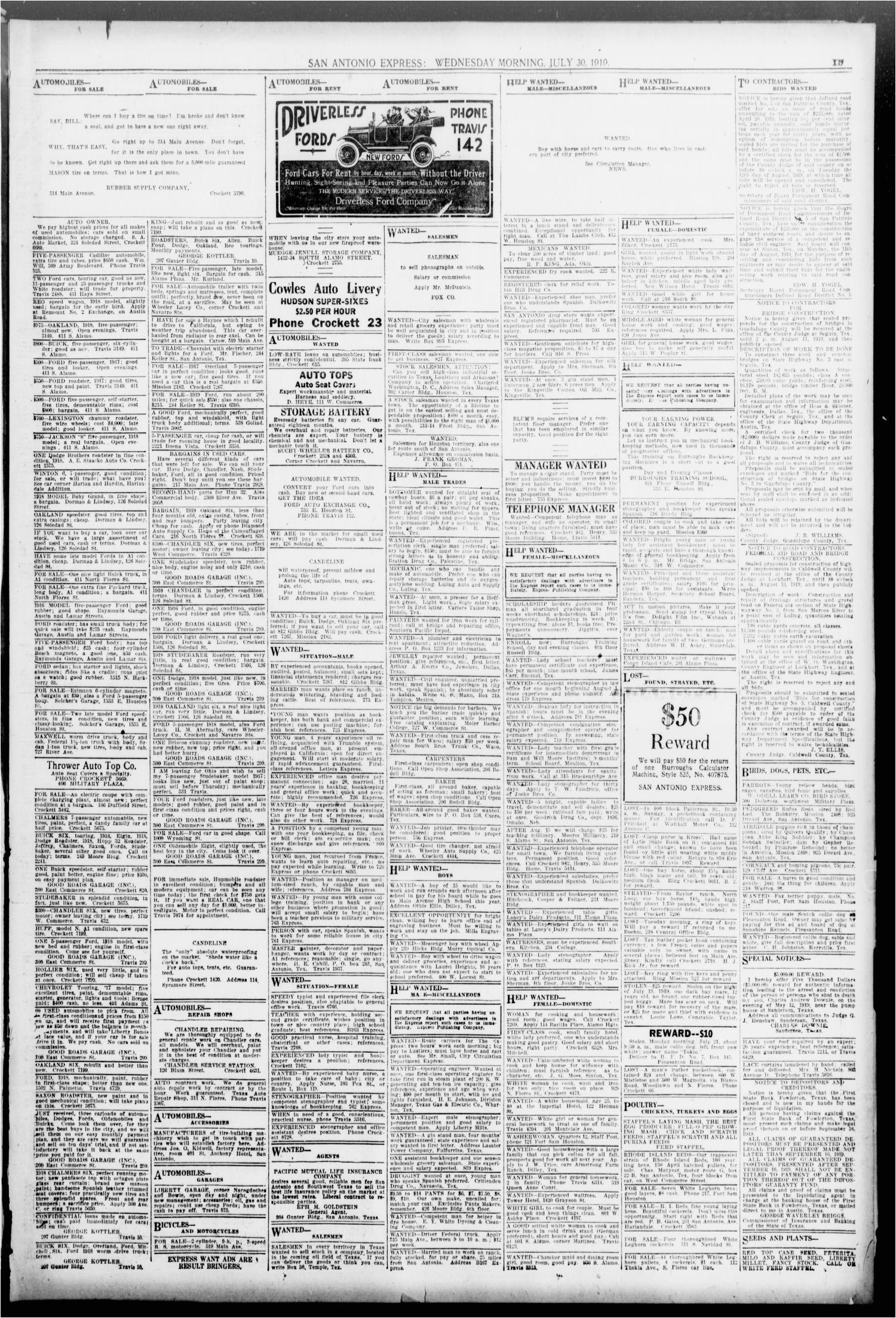 san antonio express san antonio tex vol 54 no 208 ed 1 wednesday july 30 1919 page 19 of 22 the portal to texas history