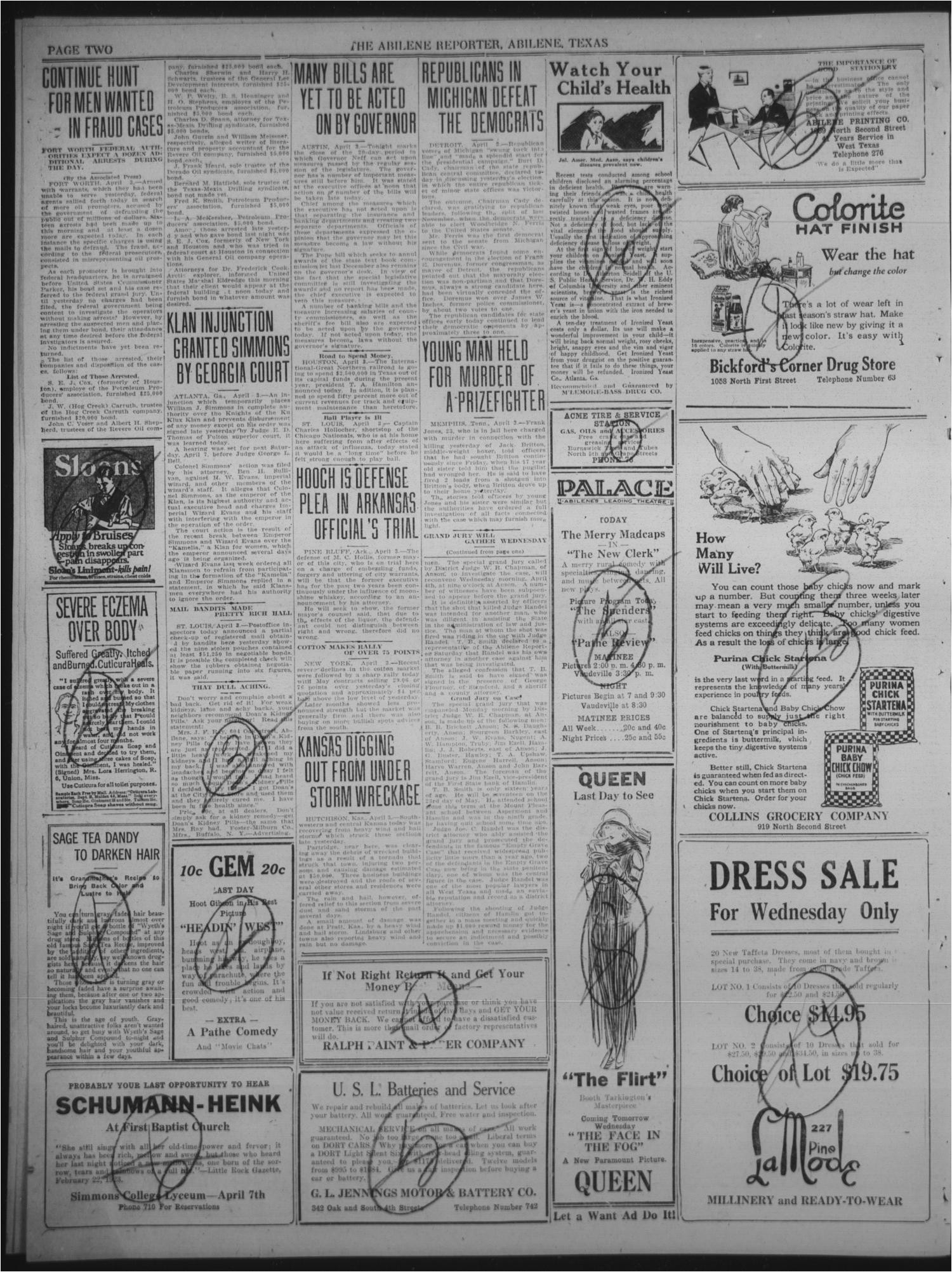 the abilene daily reporter abilene tex vol 24 no 278 ed 1 tuesday april 3 1923 page 2 of 8 the portal to texas history