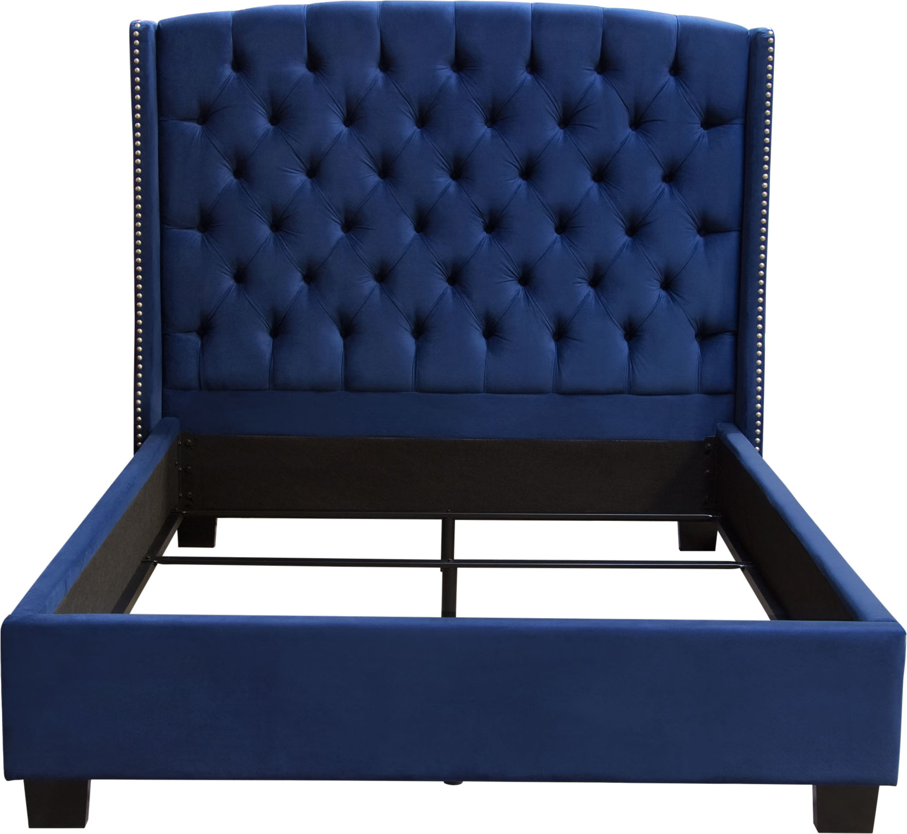 majestic eastern king tufted bed in royal navy velvet with nail head wing accents