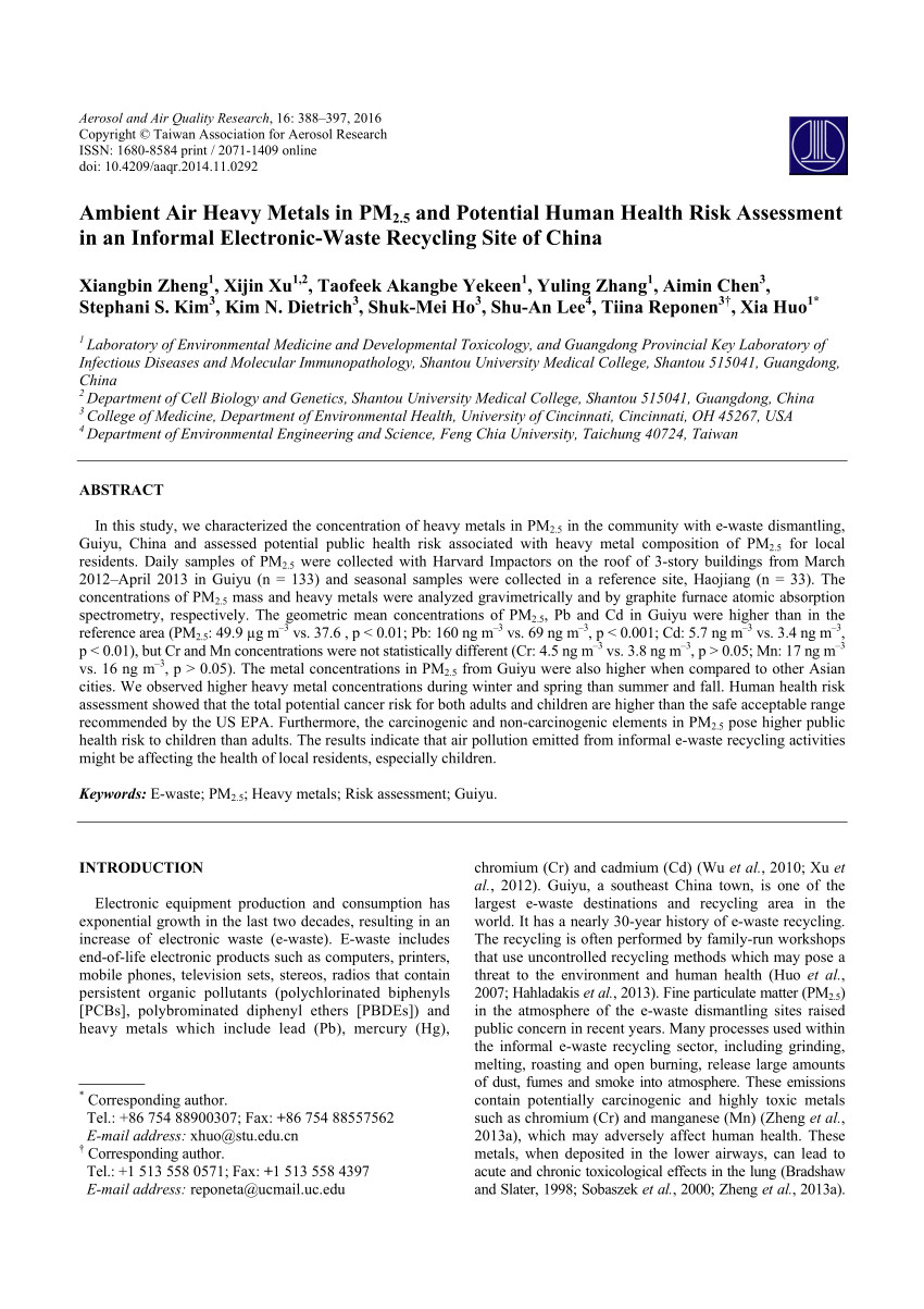 pdf ambient air heavy metals in pm 2 5 and potential human health risk assessment in an informal electronic waste recycling site of china