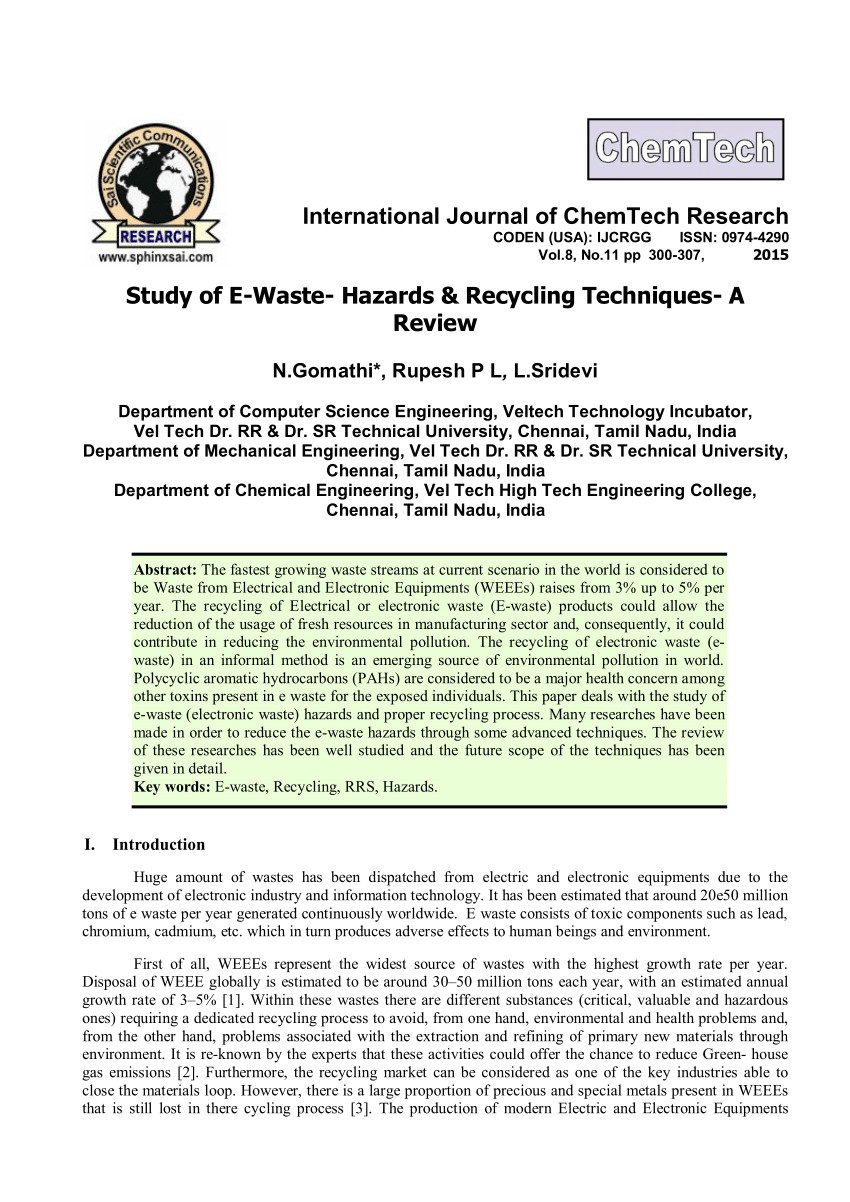 pdf study of e waste hazards recycling techniques a review