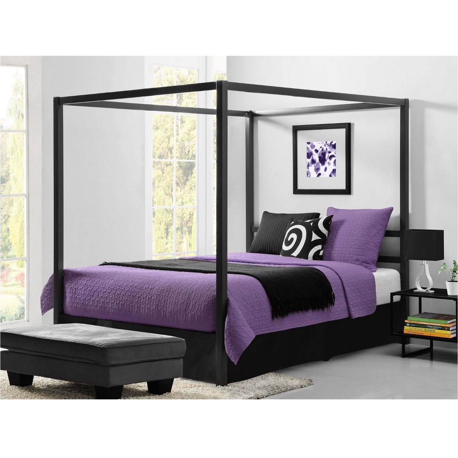 queen size modern canopy bed in sturdy grey metal