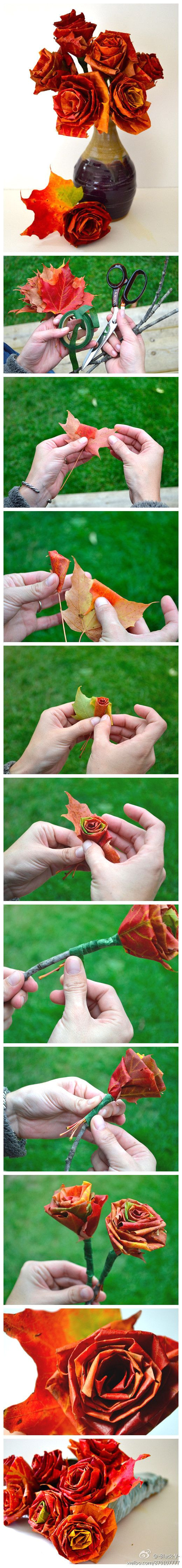 what a great idea to pick up the beautiful fall leaves in lubbock or wherever you live to make these unique fall leaf roses