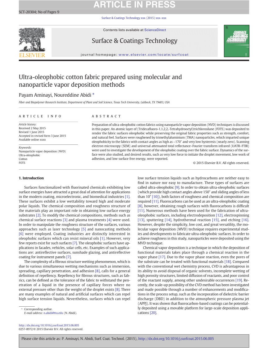 pdf ultra oleophobic cotton fabric prepared using molecular and nanoparticle vapor deposition methods