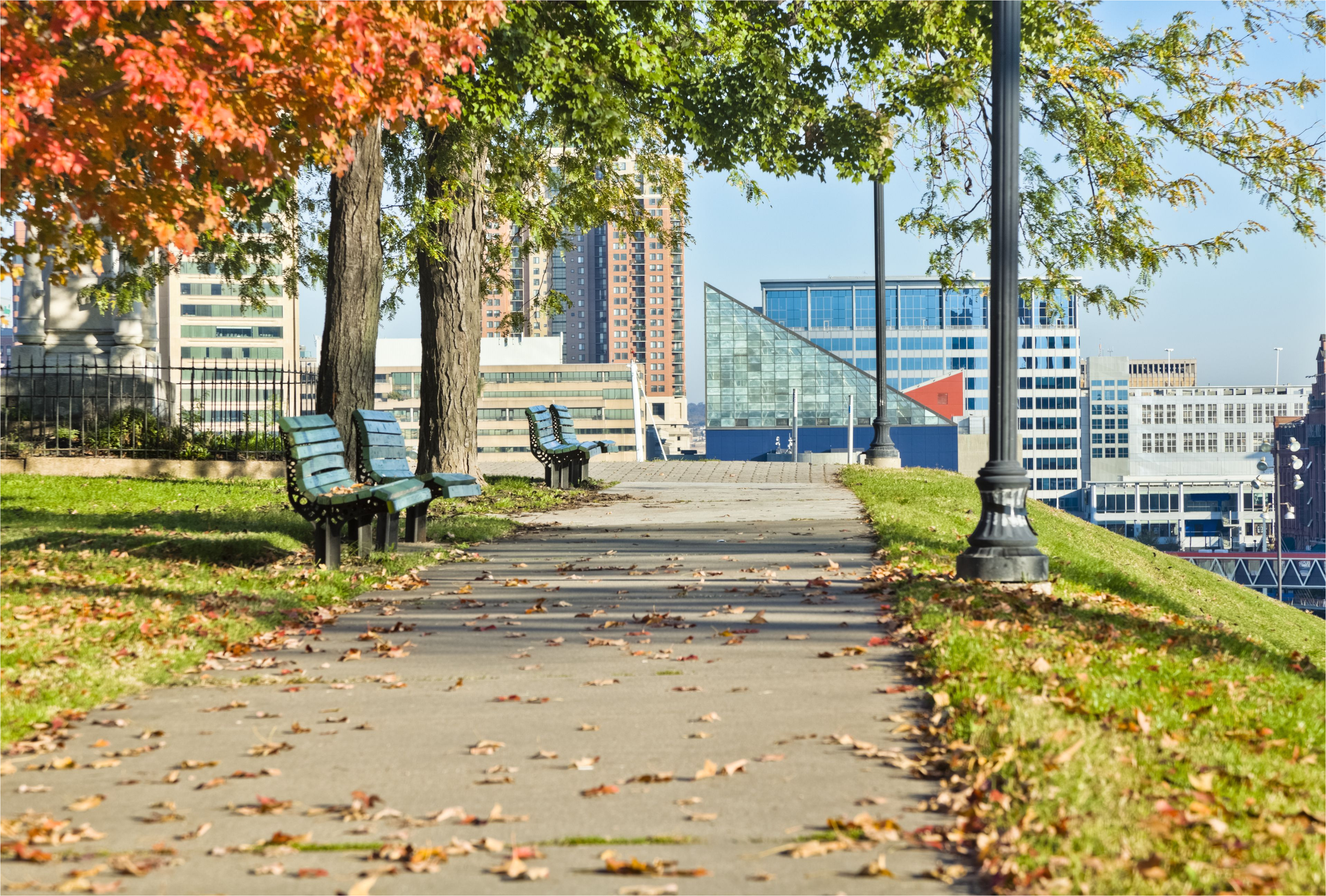 sunny day view of federal hill inner harbor baltimore