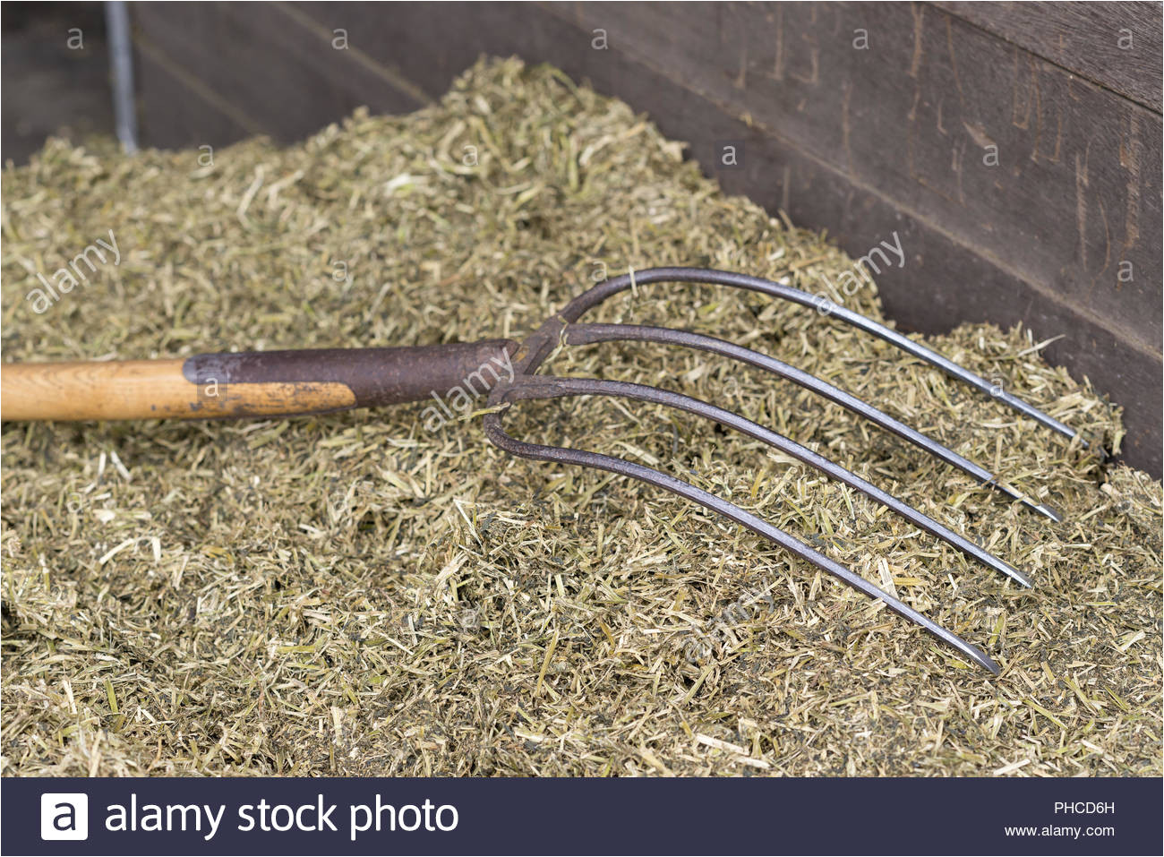 traditional manure fork on a bale of cattle feed stock image