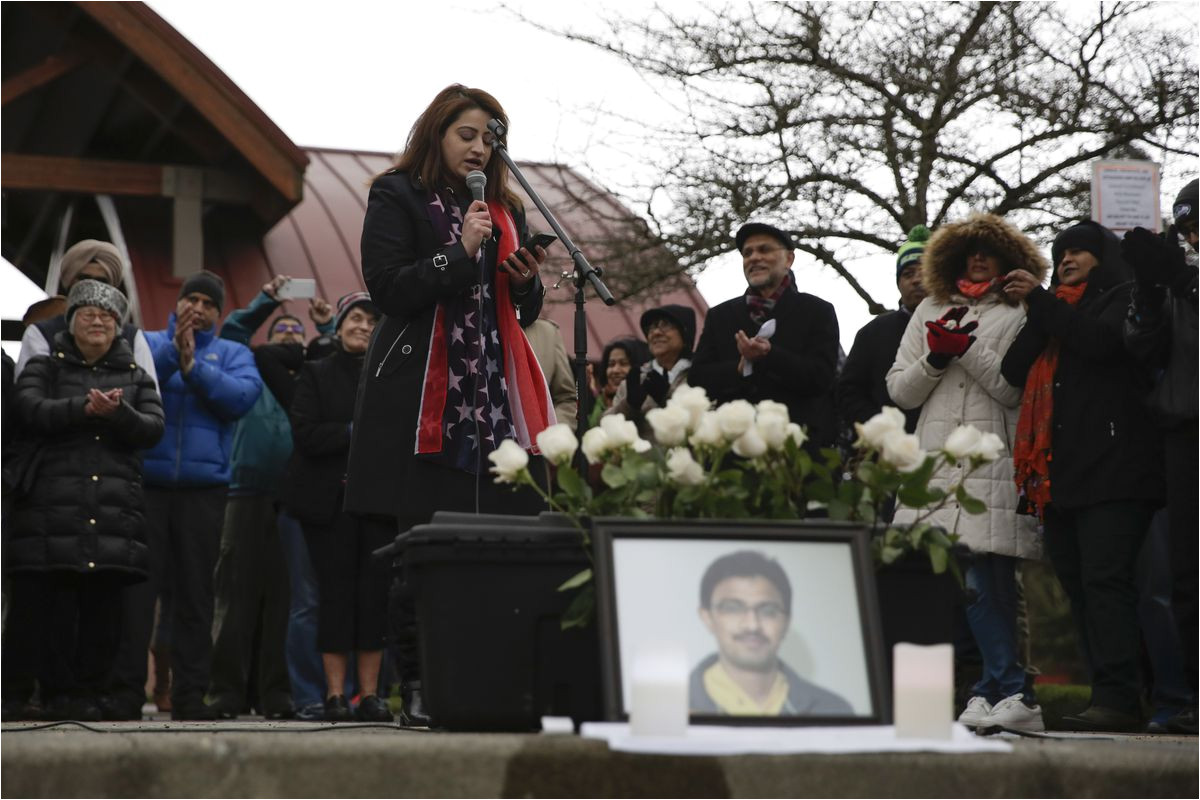 americans for refugees and immigrants executive director anny khan speaks during a peace vigil for srinivas kuchibhotla jason redmond afp getty images