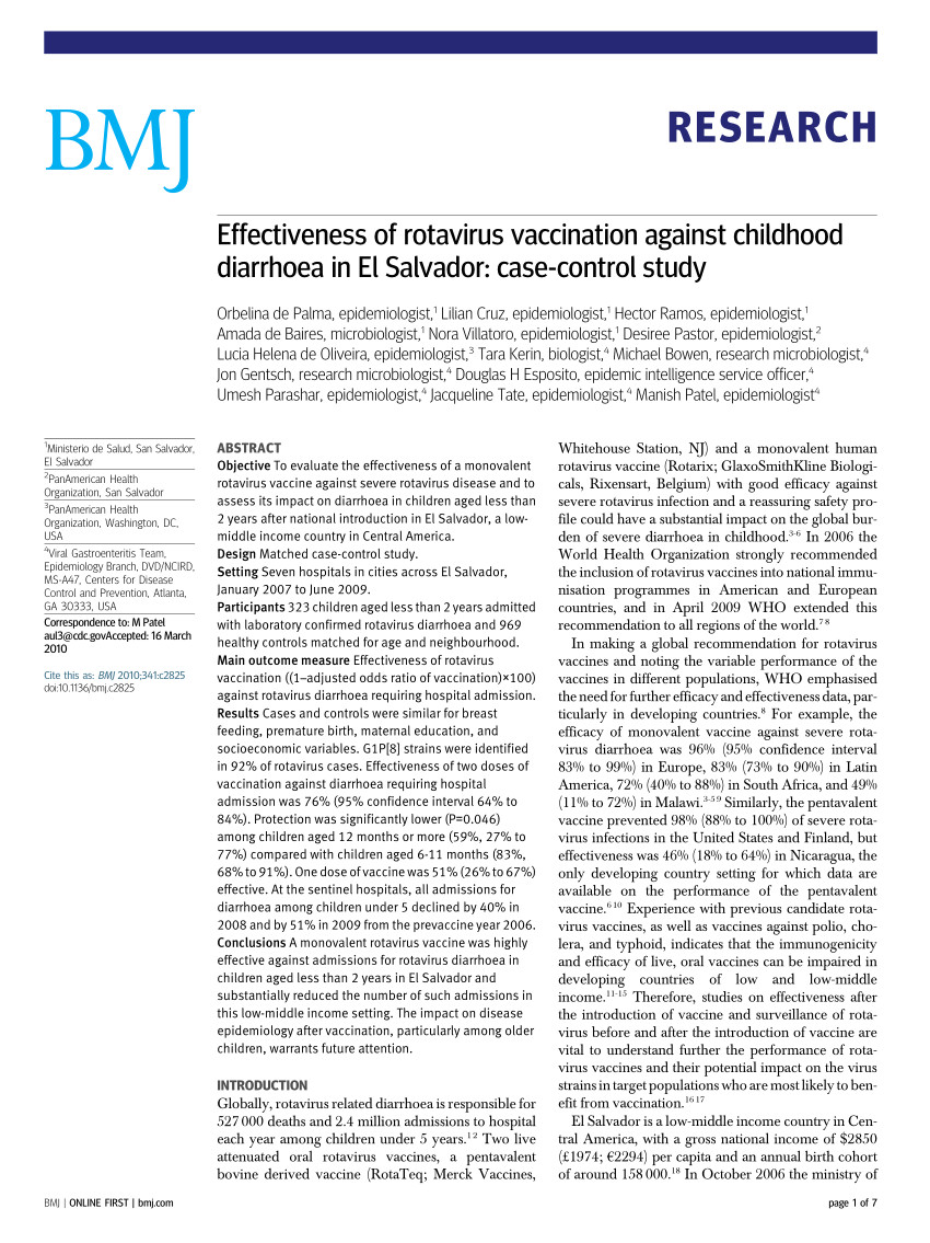 pdf effectiveness of rotavirus vaccination against childhood diarrhoea in el salvador case control study