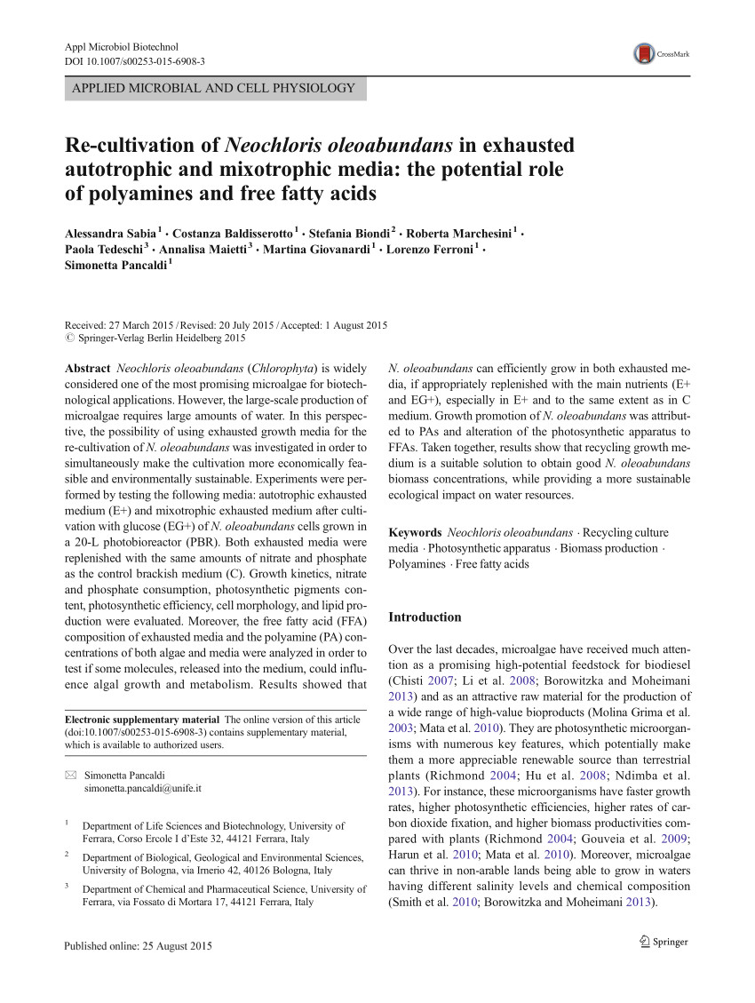 pdf re cultivation of neochloris oleoabundans in exhausted autotrophic and mixotrophic media the potential role of polyamines and free fatty acids