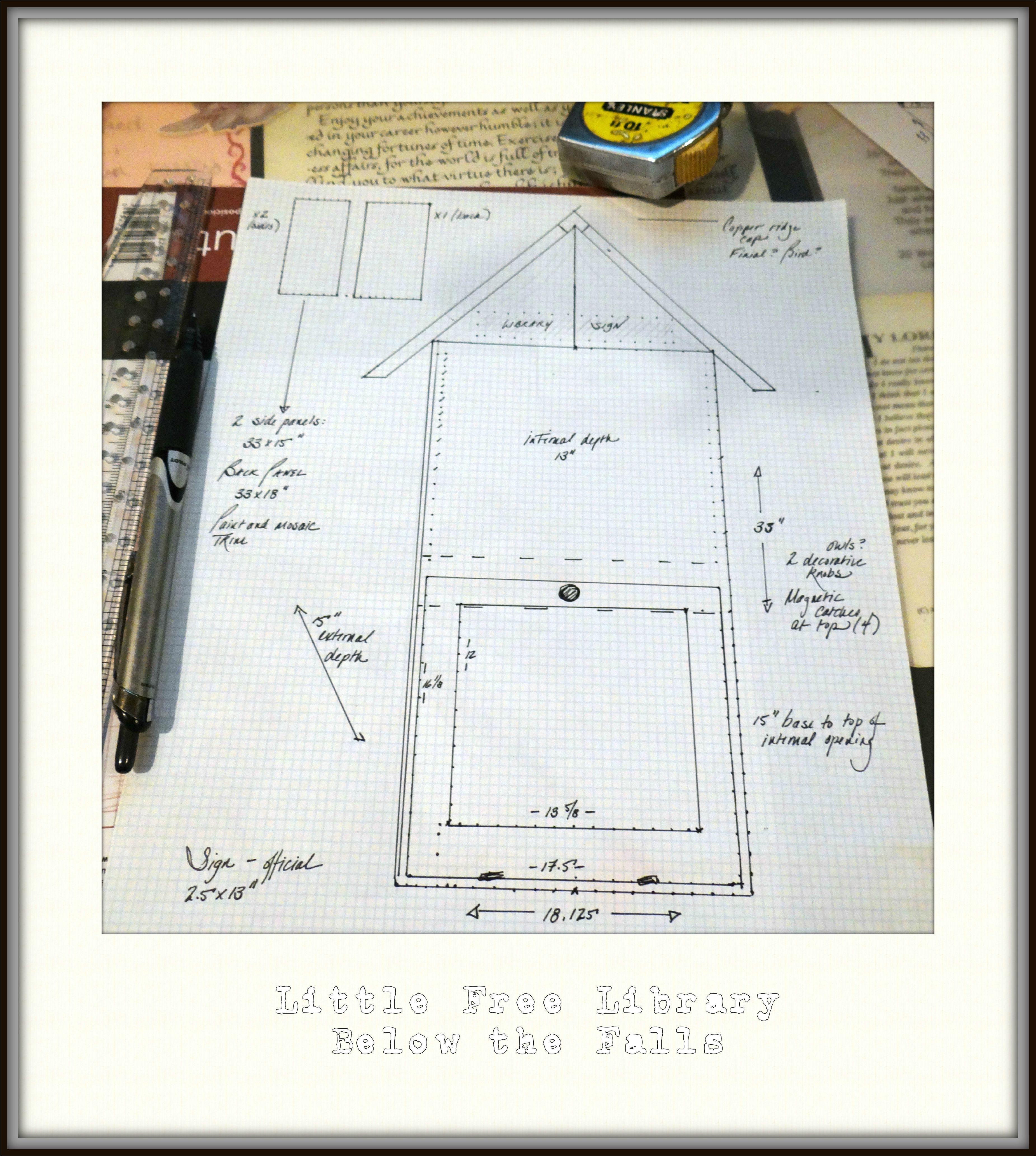 rough plan for our little free library below the falls using a kitchen cabinet recycled from a thrift store photographs by jinn creative commons