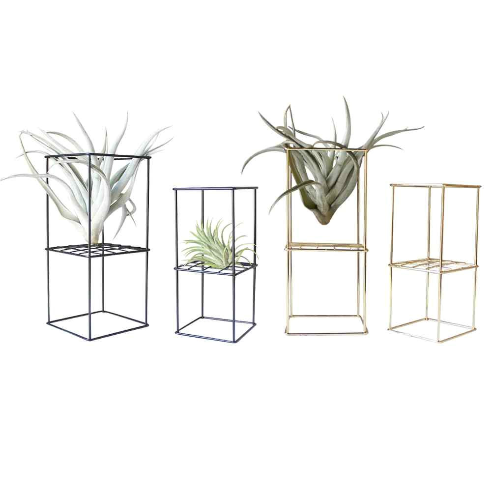 rustic iron freestanding hanging metal 2 layer geometrical shaped square air plant receptacle flower stand