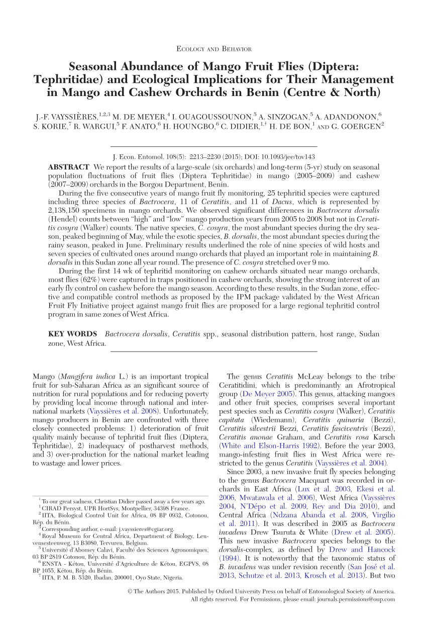 pdf seasonal abundance of mango fruit flies diptera tephritidae and ecological implications for their management in mango and cashew orchards in benin