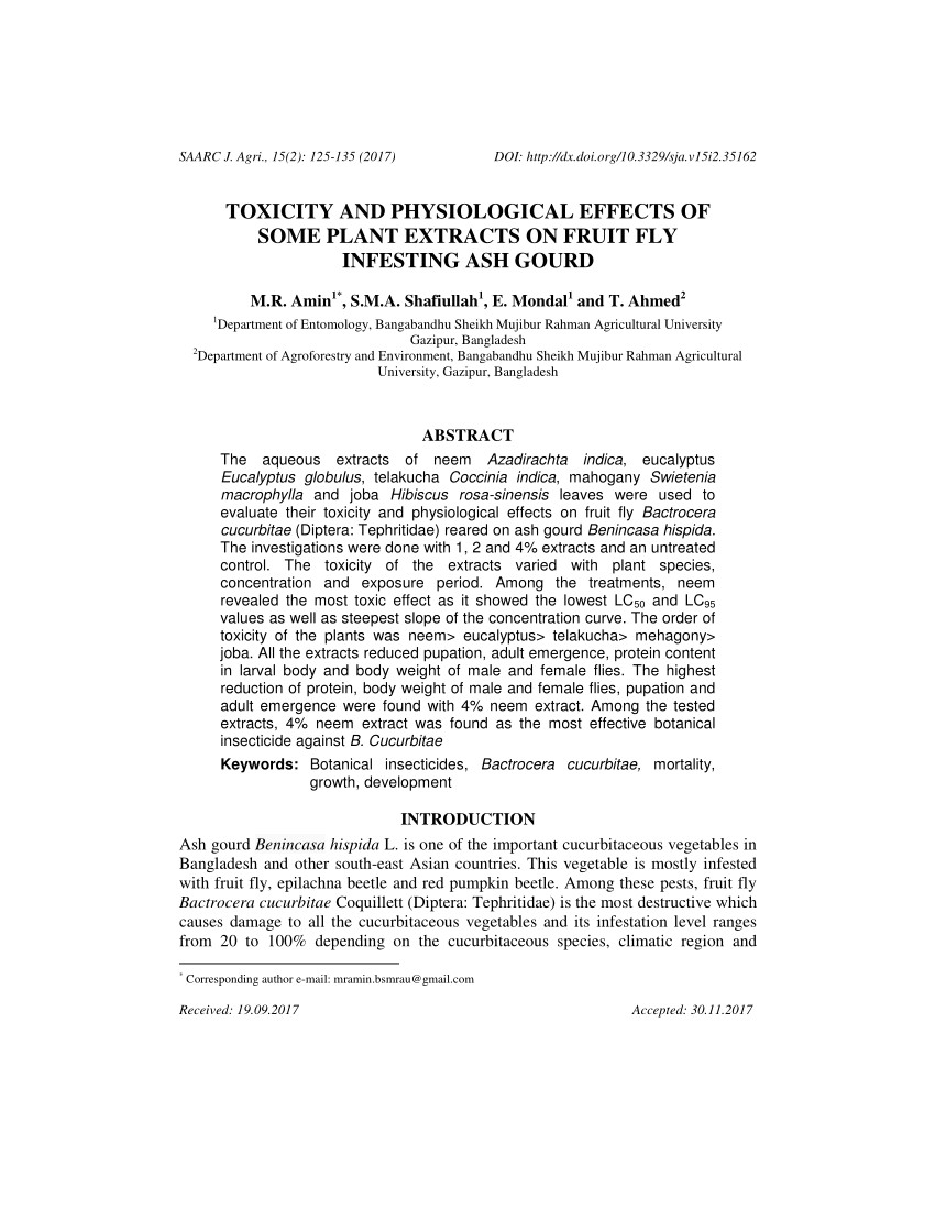 pdf toxicity and physiological effects of some plant extracts on fruit fly infesting ash gourd