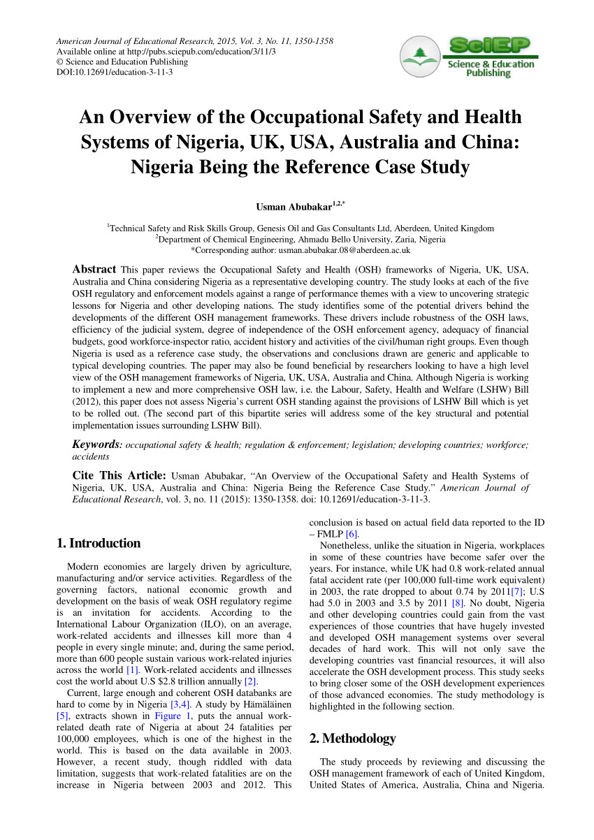 pdf an overview of the occupational safety and health systems of nigeria uk usa australia and china nigeria being the reference case study