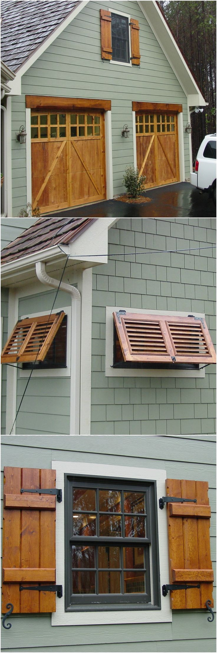 custom stained cedar shutters matching garage door stain and adorable little bahama shutters