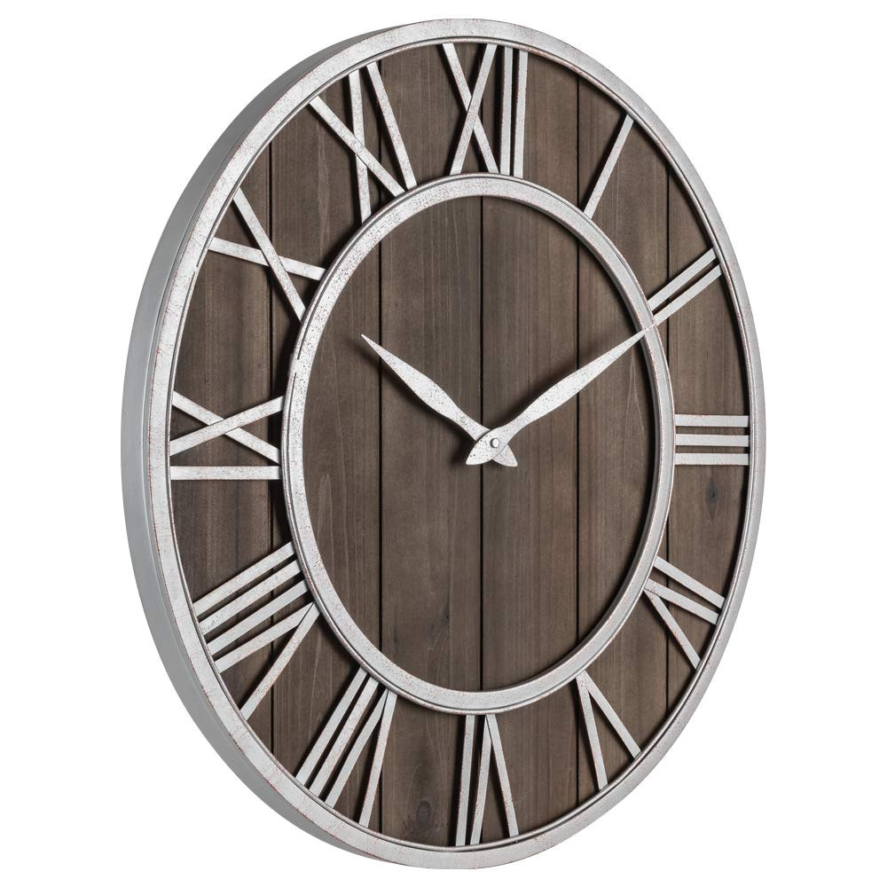 amazon com oldtown farmhouse metal solid wood noiseless wall clock dark brown 36 inch home kitchen