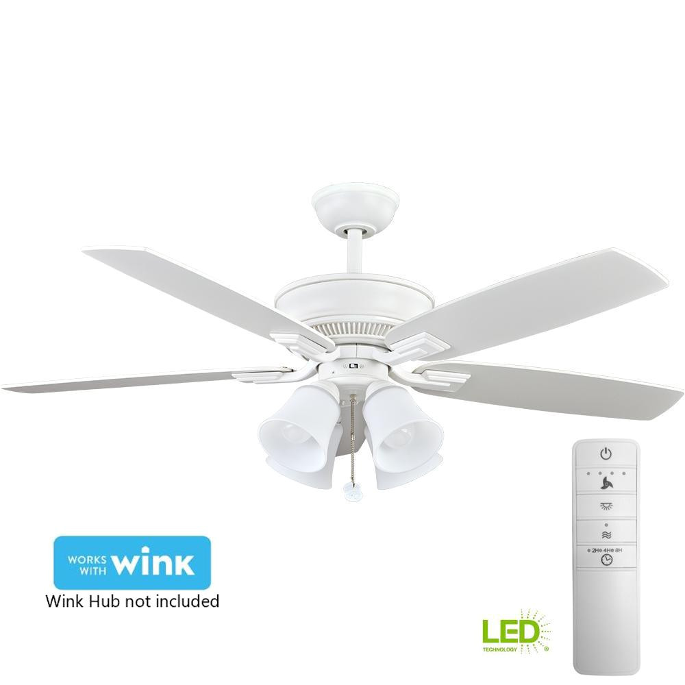 hampton bay devron 52 in led indoor matte white smart ceiling fan with light kit