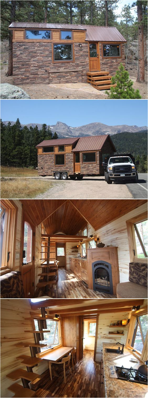 a 204 sq ft tiny house on wheels with lightweight stone veneer fireplace