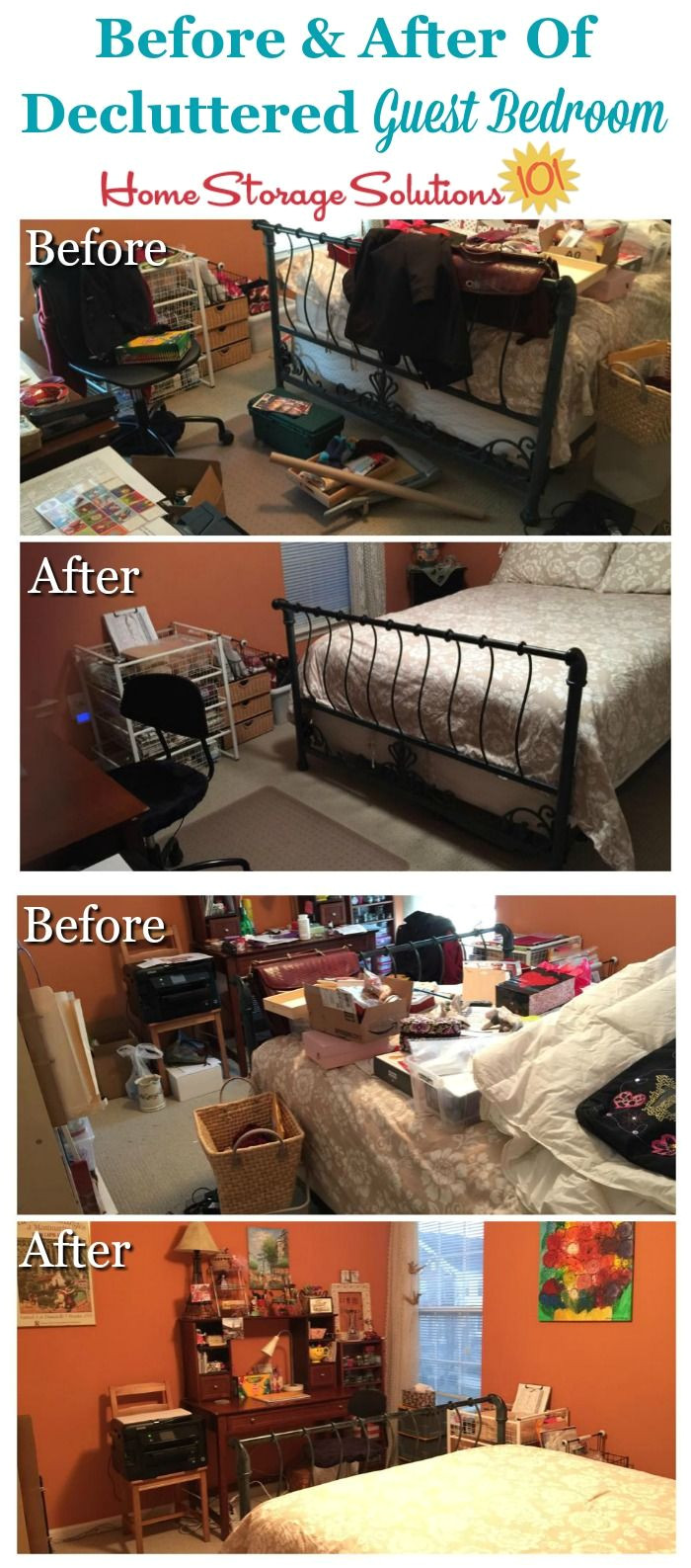 before and after of decluttered guest room that was both used for guests as well