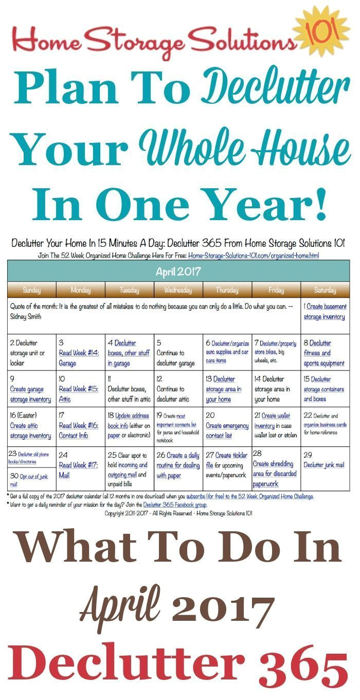 Home Storage solutions 101 Calendar Free Printable April 2017 Decluttering Calendar with Daily 15 Minute