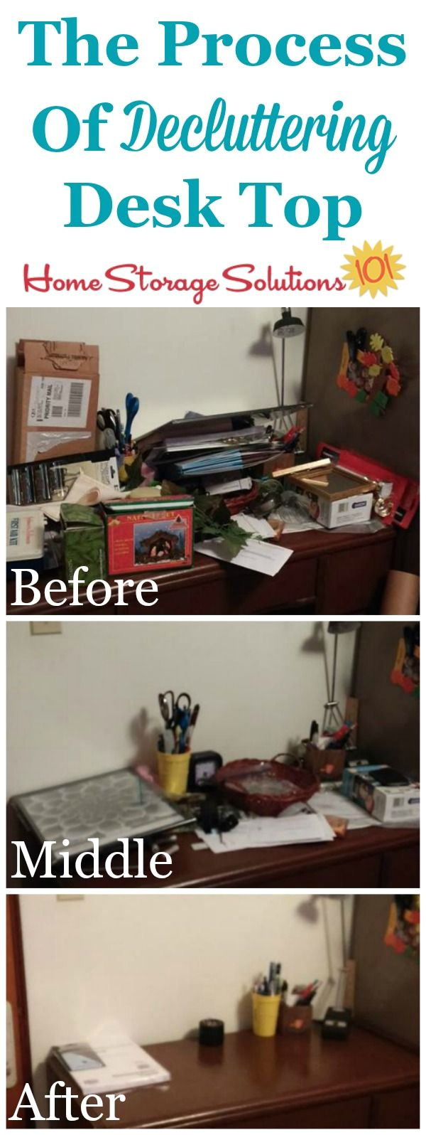 progression from beginning to the end of the decluttering process when clearing of desk top