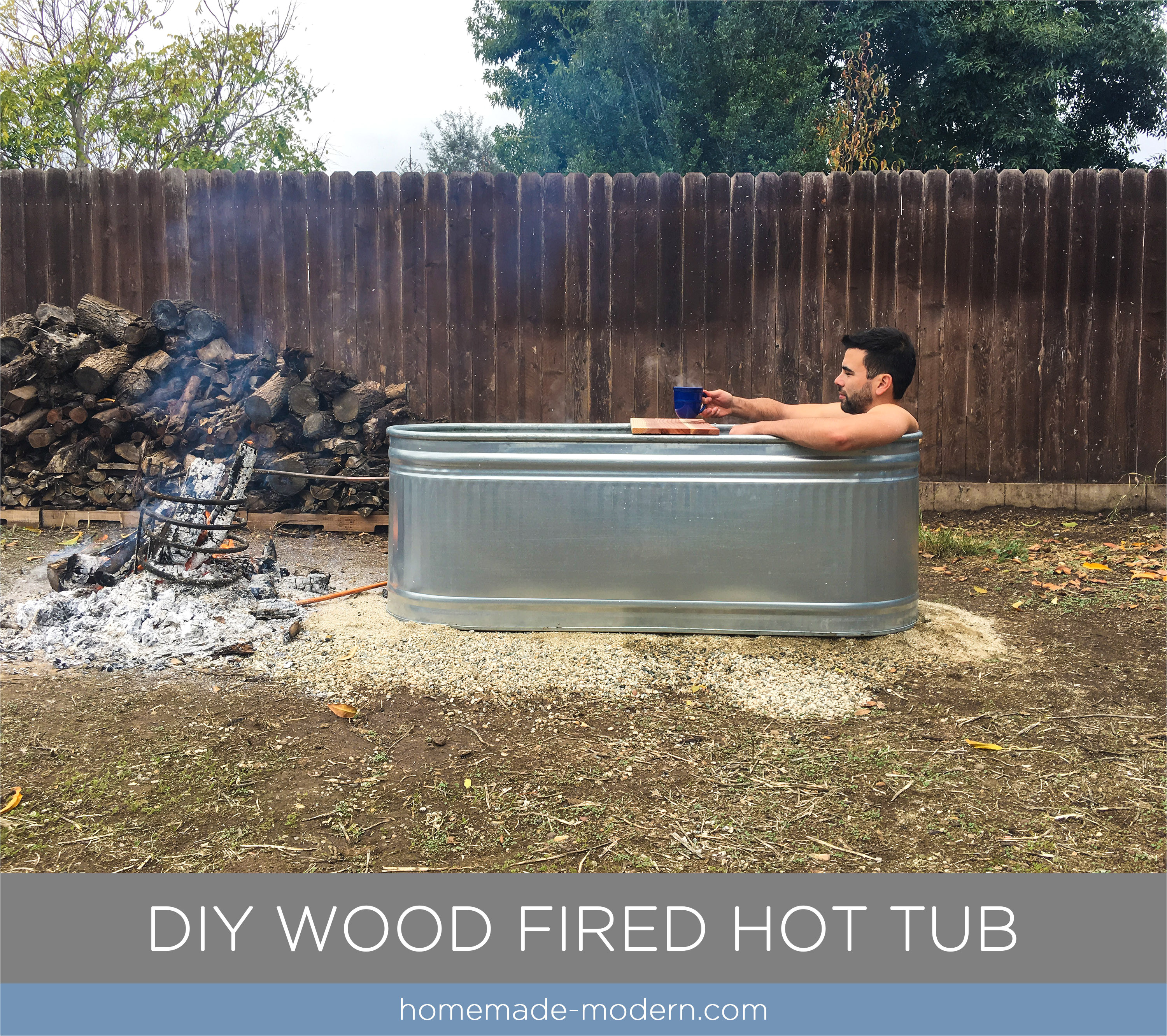 this diy wood fired hot tub is made from a stock tank and copper tubing and