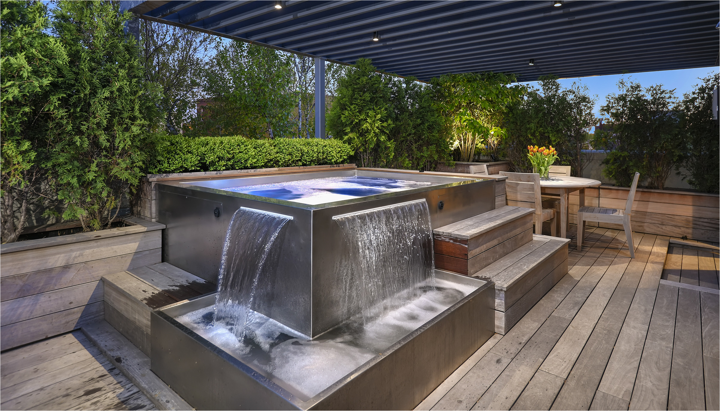 custom stainless steel roof top spa with interior stairway bench seating 2 separate water