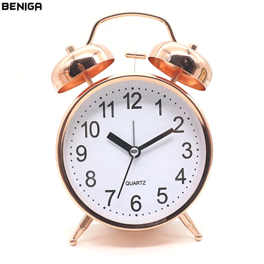 2019 4 inch rose gold alarm desk clock with night light battery operated student desktop home office needle mute silently table clock from hilery