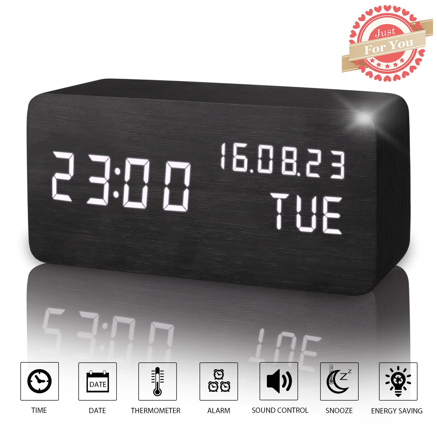 amazon com wooden led digital alarm clock displays time date week and temperature cube wood shaped sound control desk alarm clock for kid home office