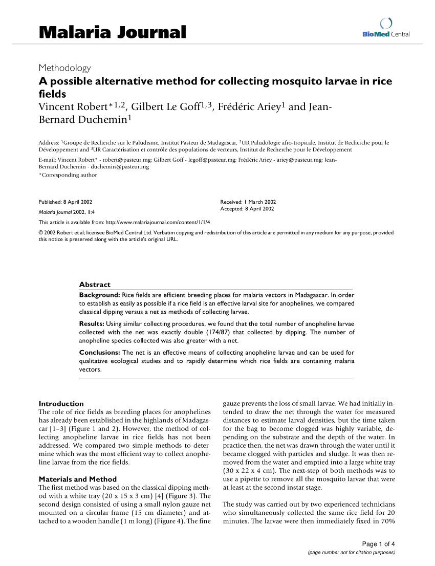 pdf a possible alternative method for collecting mosquito larvae in rice fields