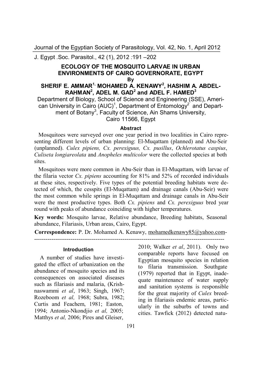 pdf ecology of the mosquito larvae in urban environments of cairo governorate egypt