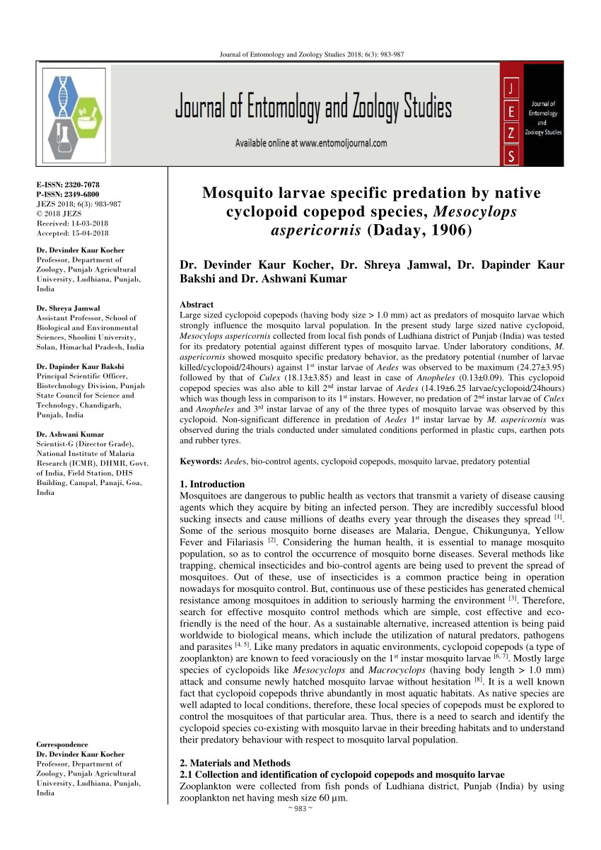 pdf mosquito larvae specific predation by native cyclopoid copepod species mesocylops aspericornis daday 1906