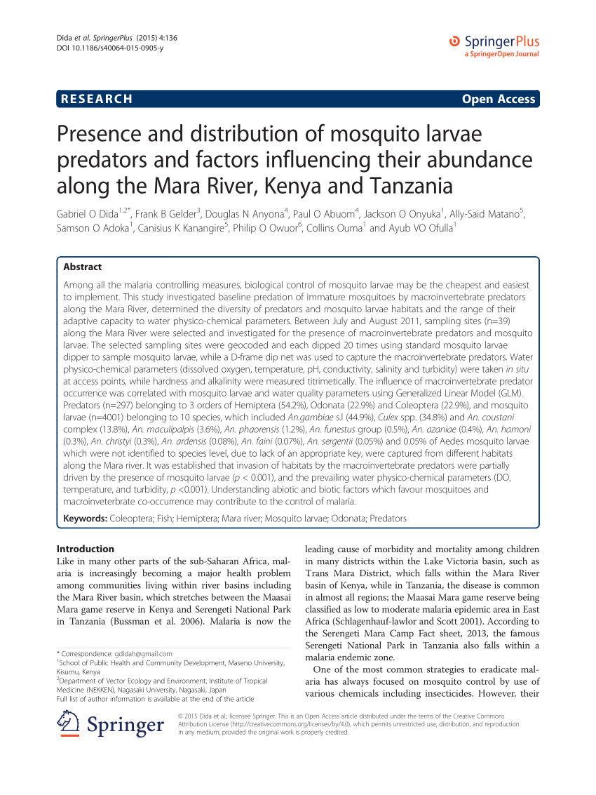 pdf presence and distribution of mosquito larvae predators and factors influencing their abundance along the mara river kenya and tanzania