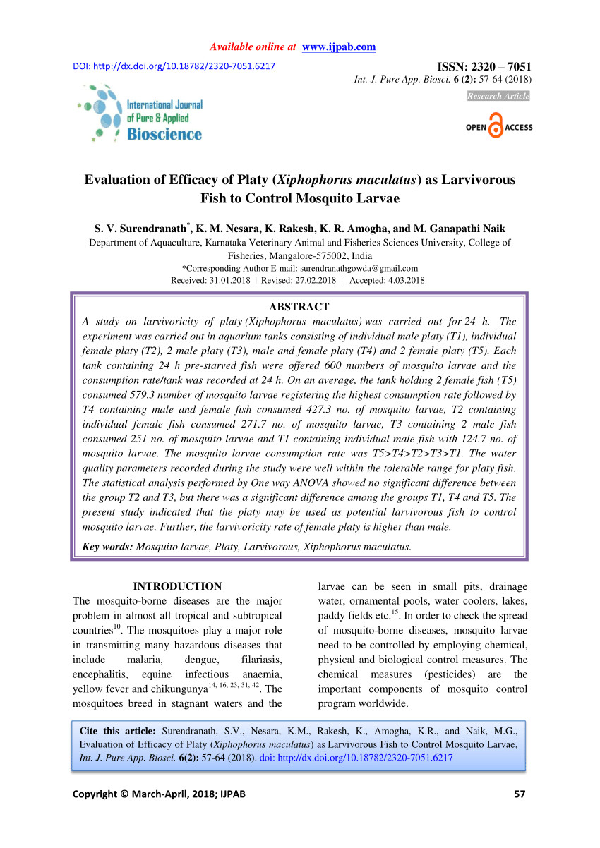 pdf use of tilapia oreochromis mossambicus for the control of mosquito breeding in water storage tanks in the jaffna district of sri lanka