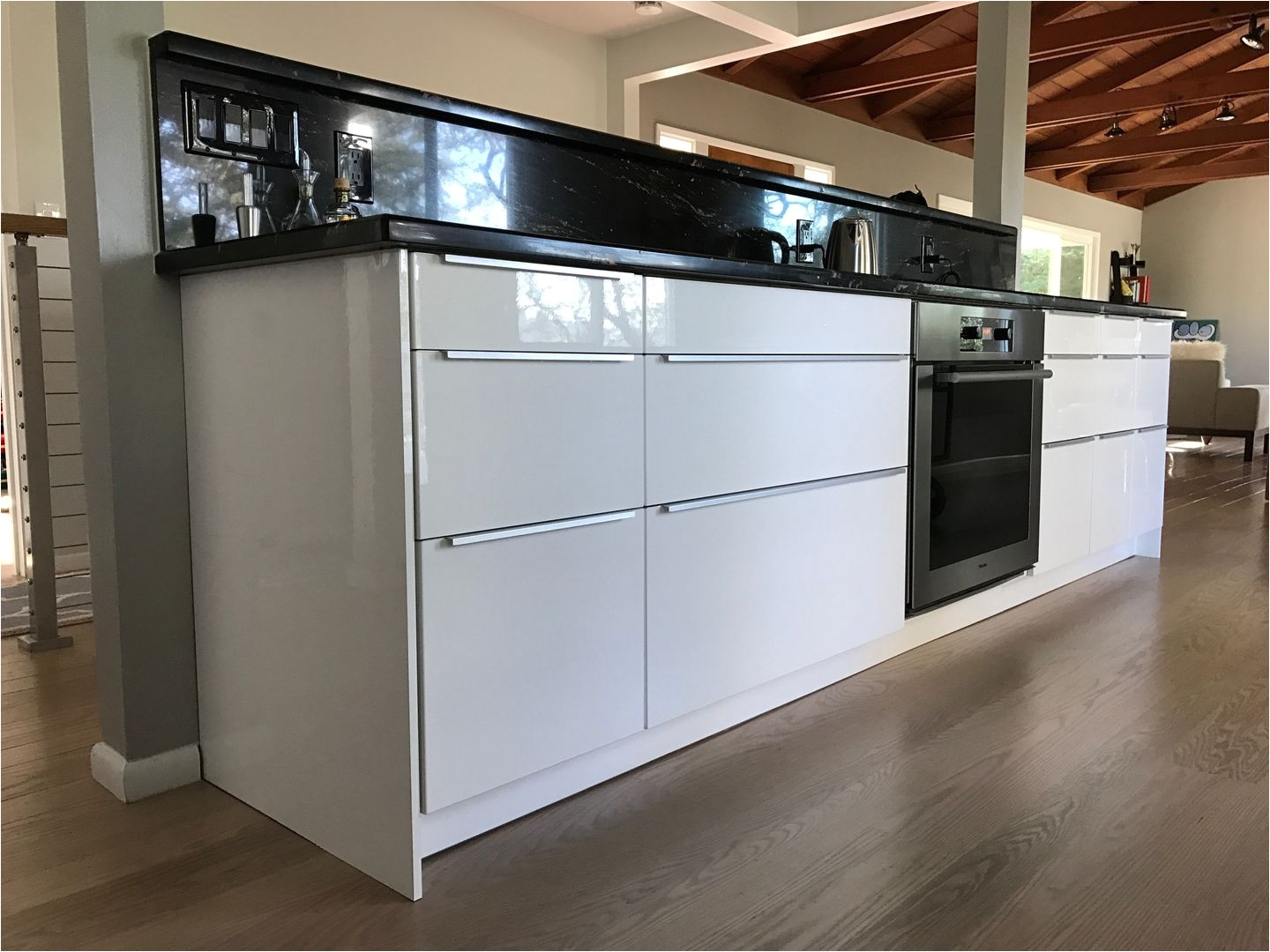 finished and completed ikea kitchen sektion cabinets ringhult white high gloss fronts with blankett handles follow us on instagram for more pictures