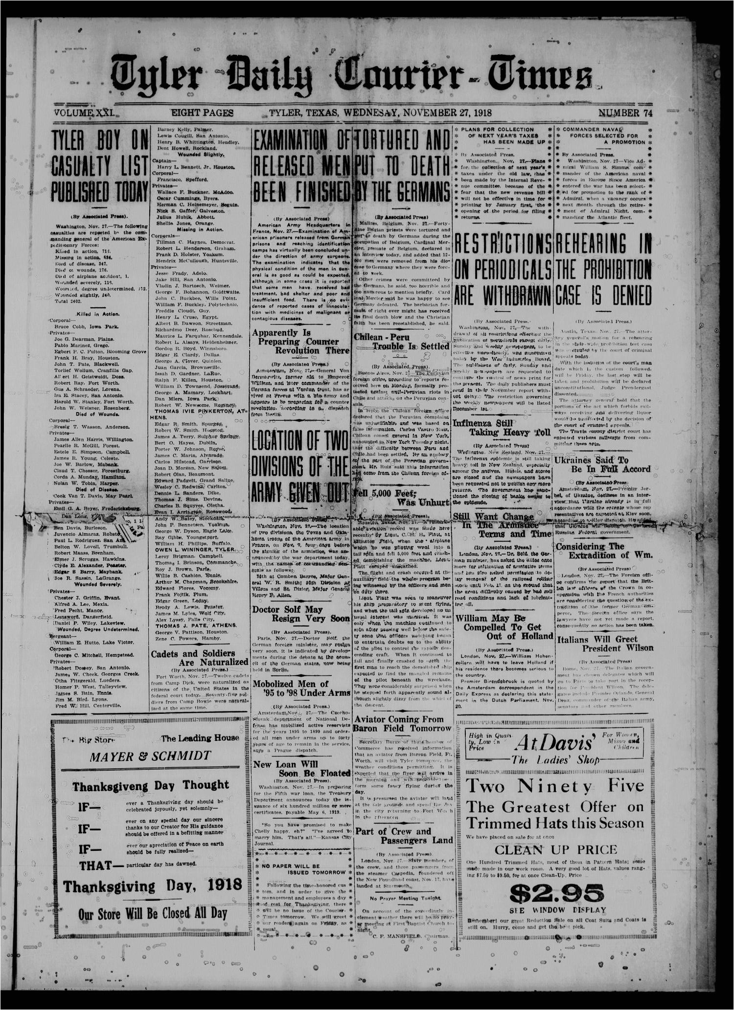 the tyler daily courier times tyler tex vol 21 no 74 ed 1 wednesday november 27 1918 page 1 of 4 the portal to texas history