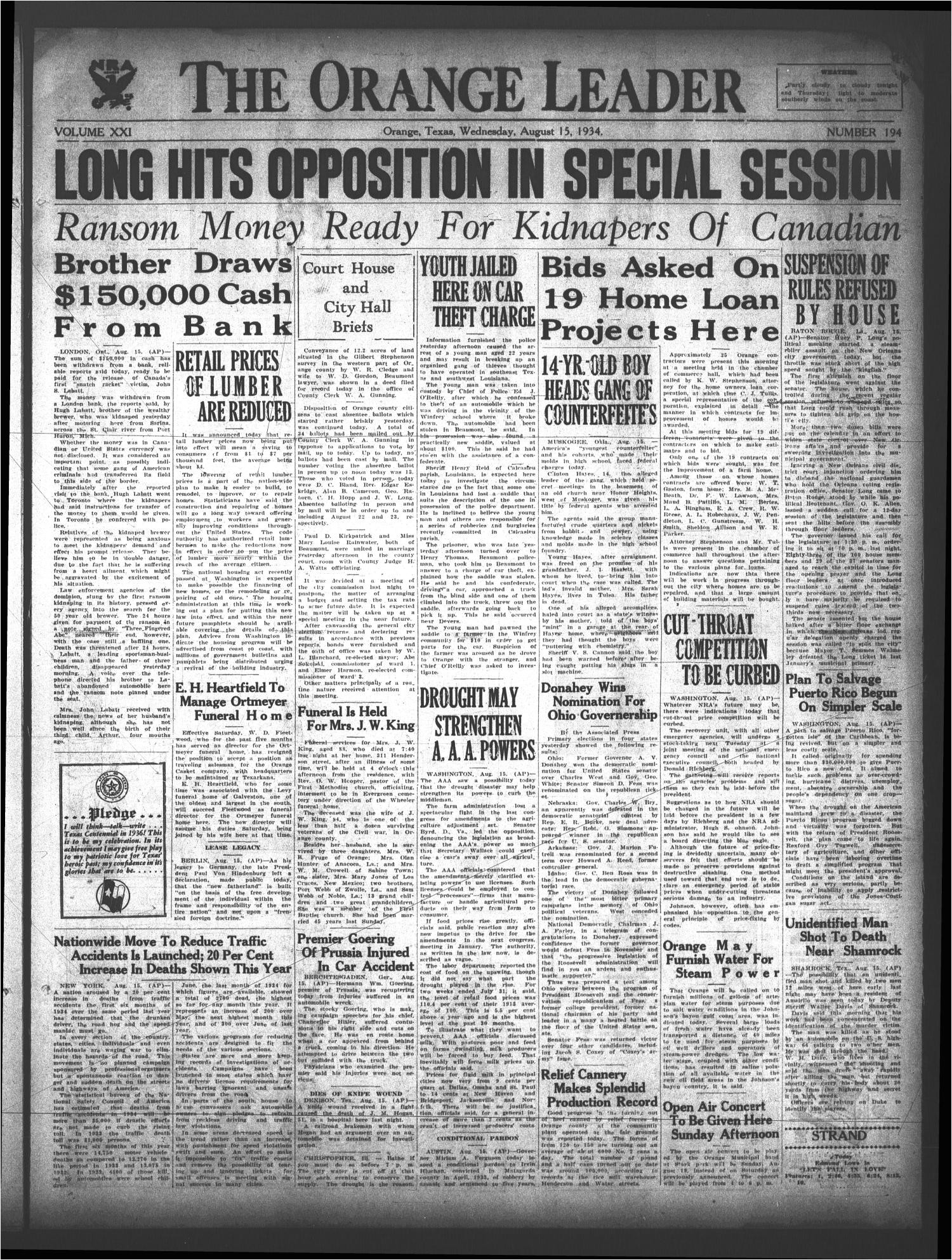 the orange leader orange tex vol 21 no 194 ed 1 wednesday august 15 1934 page 1 of 4 the portal to texas history