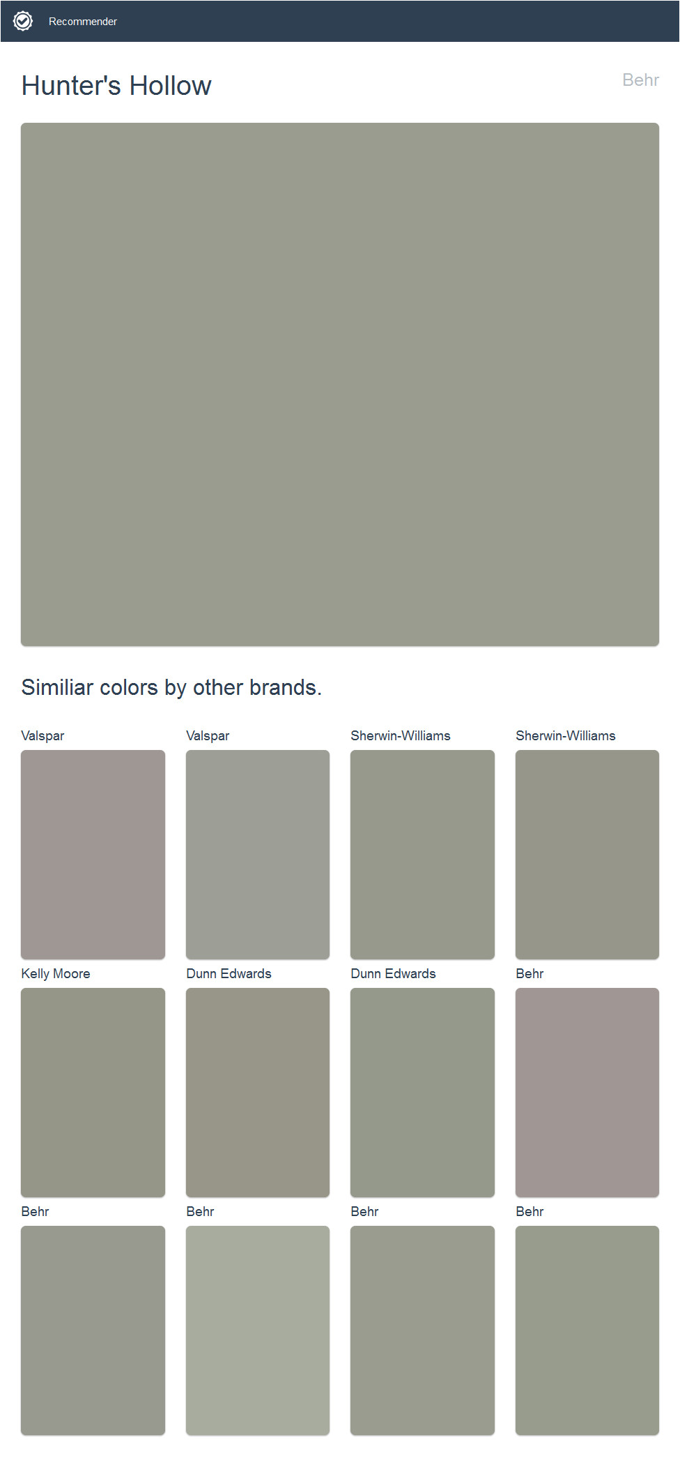 hunter s hollow behr click the image to see similiar colors by other brands