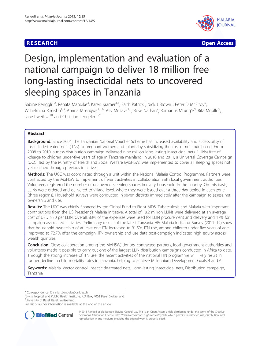 pdf design implementation and evaluation of national campaign to deliver 18 million free long lasting insecticidal nets to uncovered sleeping spaces in