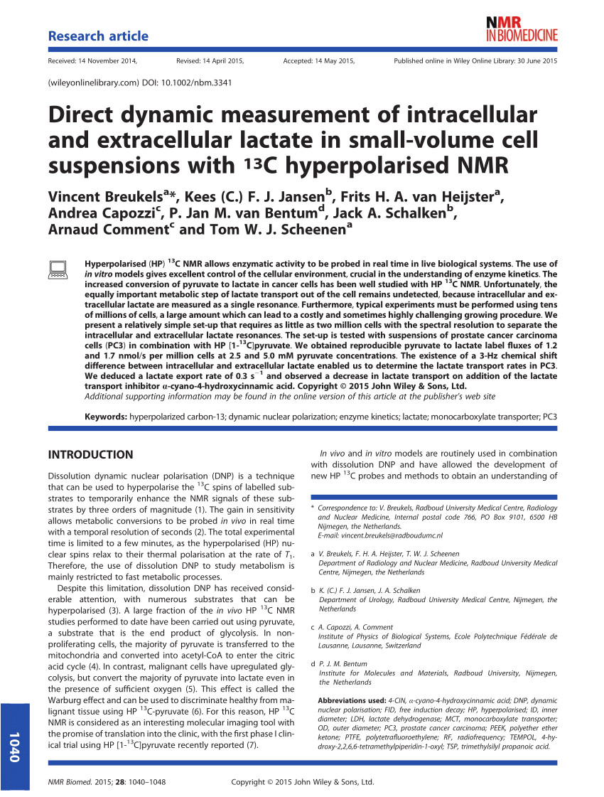 pdf direct dynamic measurement of intracellular and extracellular lactate in small volume cell suspensions with 13 c hyperpolarised nmr